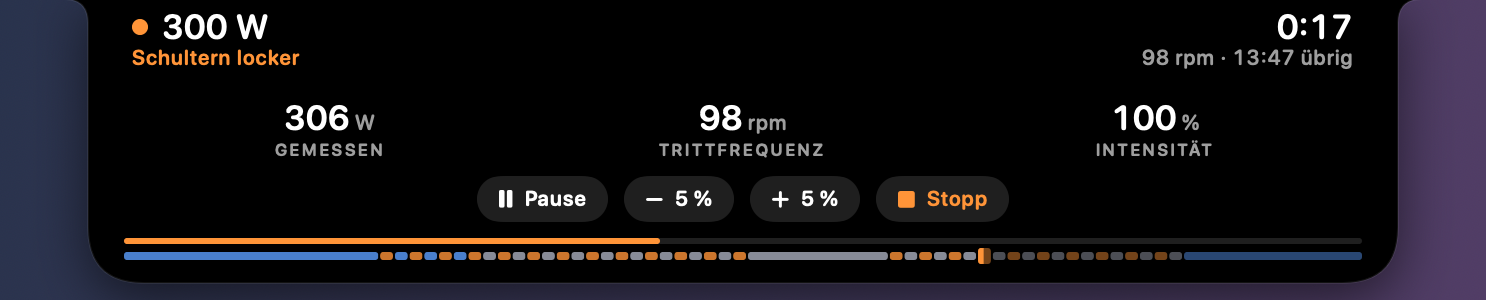 Die Insel unter dem Mauszeiger geöffnet: 306 W gemessen, 98 rpm, 100 % Intensität, dann die Tasten Pause, −5 %, +5 % und Stopp.