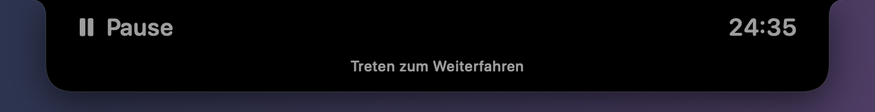 Die pausierte Insel: links „Pause“, rechts die verstrichene Zeit 24:35, darunter der Hinweis „Treten zum Weiterfahren“.