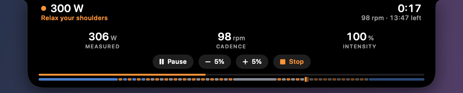 The island open under the pointer: 306 W measured, 98 rpm, 100% intensity, then the Pause, −5%, +5% and Stop buttons.