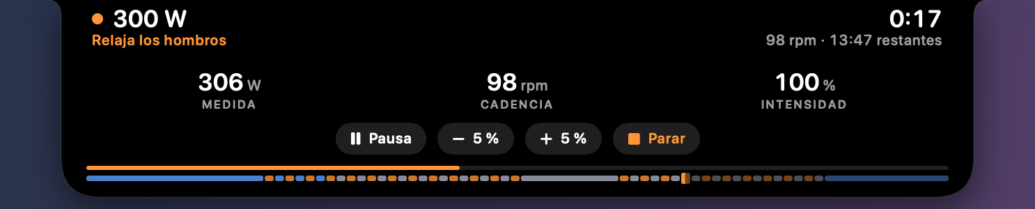 La isla abierta bajo el puntero: 306 W medidos, 98 rpm, 100 % de intensidad, y los botones Pausa, −5 %, +5 % y Parar.