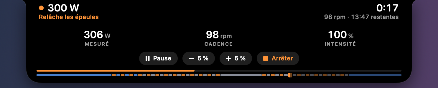 La bulle ouverte sous le pointeur : 306 W mesurés, 98 rpm, 100 % d'intensité, puis les boutons Pause, −5 %, +5 % et Arrêter.