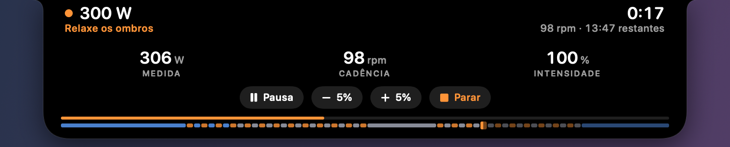 A ilha aberta sob o ponteiro: 306 W medidos, 98 rpm, 100% de intensidade, depois os botões Pausar, −5%, +5% e Parar.