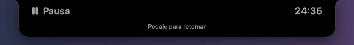 A ilha em pausa: «Pausa» à esquerda, o tempo decorrido 24:35 à direita, e a nota «Pedale para retomar».